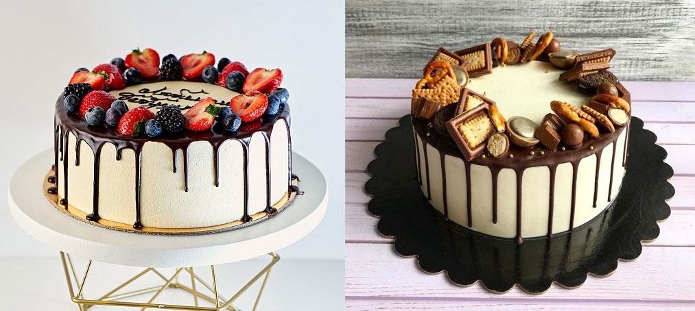 Gotes de xocolata sobre un pastís blanc