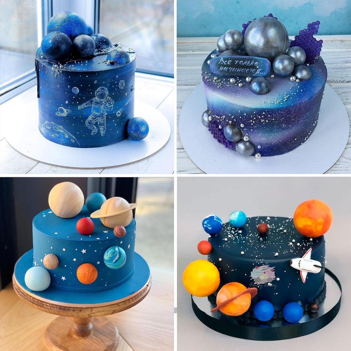 Idees de disseny de pastissos d'aniversari amb temàtica espacial i globus de xocolata